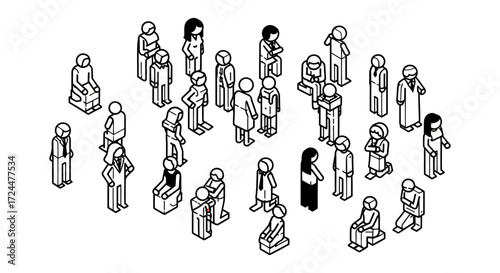 Diverse group of people in isometric view symbolizing community interaction workplace collaboration and social gathering useful for organizational and HR concepts.