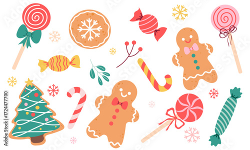 Christmas sweets set. Gingerbread cookies, candy canes, lollipops and festive desserts. Vector Illustrations