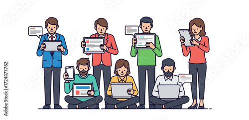 diverse people using technology connecting and sharing ideas with digital devices creating a collaborative online environment representing modern communication