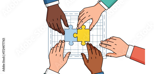diverse team assembling puzzle pieces on blueprint symbolizing collaboration and problem-solving ideal for showcasing synergy and teamwork
