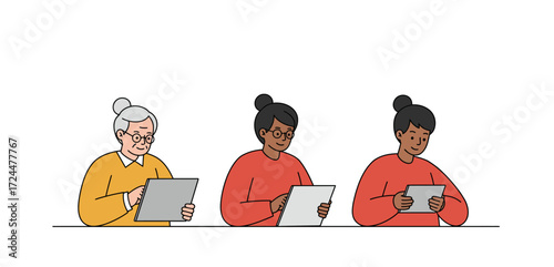 Diverse senior women using tablets for social connection browsing online or learning new skills promoting digital inclusion  tech adoption for elders