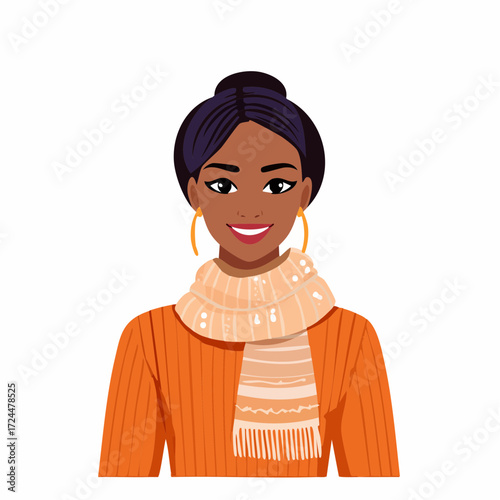 Portrait of a smiling woman with dark hair wearing an orange sweater and a patterned scarf