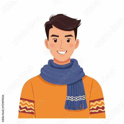Young Man Wearing a Blue Scarf and Orange Sweater, Smiling Warmly