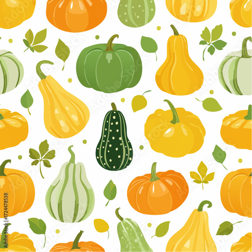Seamless pattern featuring a delightful assortment of vibrant autumn gourds and colorful fall leaves, ideal for seasonal backgrounds, Thanksgiving themes, and decorative textile prints