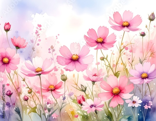 Watercolor cosmos field