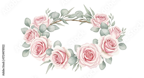 Elegant floral frame of delicate watercolor pink roses and eucalyptus leaves for invitations