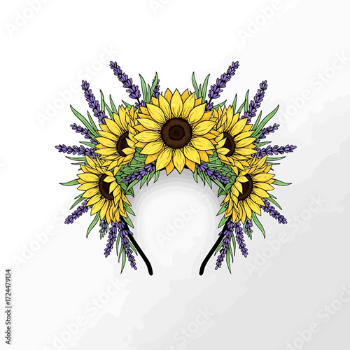 Beautiful floral headband with vibrant yellow sunflowers and purple lavender sprigs illustration