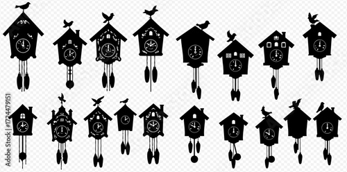 Collection of black silhouette cuckoo clocks, various designs and sizes, bird finials.