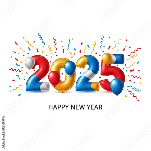 Festive 2025 New Year Celebration with Colorful Confetti and Balloon Decorations