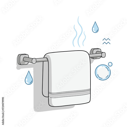 A warm towel hanging on a rack with steam and water droplets around it.