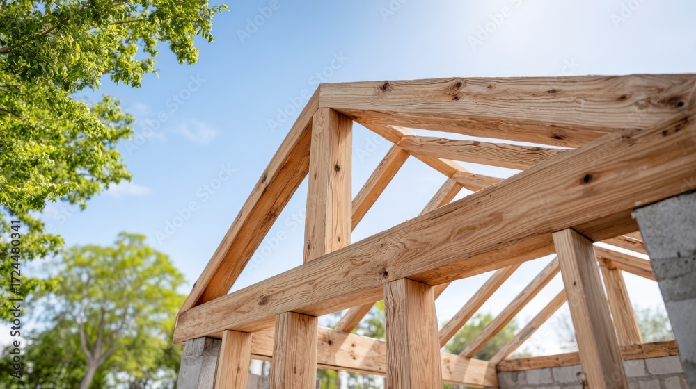 Obraz premium A Close-Up View of Wooden Framework for a Roof Under Construction. house building, lumber construction, eco housing, real estate development, eco construction, timber engineering concept