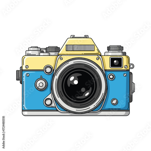 A retro-style camera with a blue and yellow body and a large lens.