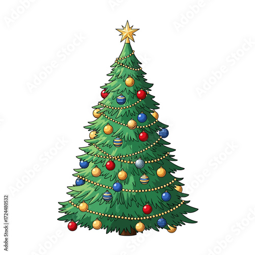 Festive evergreen tree adorned with colorful ornaments, lights, and star, symbolizing holiday cheer