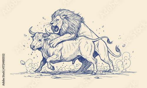 A hand drawn illustration showing a fierce lion attacking a strong bull in a dramatic wild battle scene.