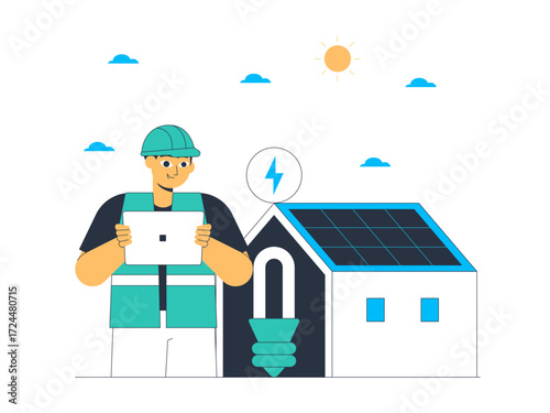 The electrical energy produced by solar panels can be used for everyday life for example turning on lights. Green energy vector illustration. Flat illustration.