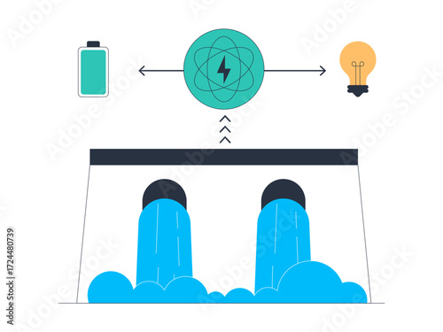 Hydroelectric power plants are used as electrical energy reserves. Green energy vector illustration. Flat illustration.