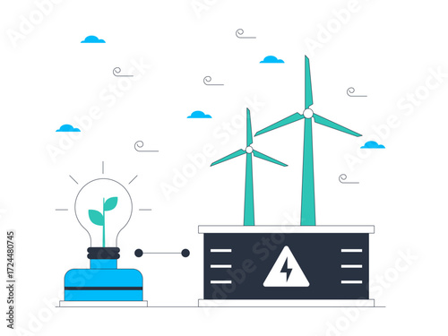 Wind power generation using windmills is more environmentally friendly for energy reserves. Green energy vector illustration. Flat illustration.