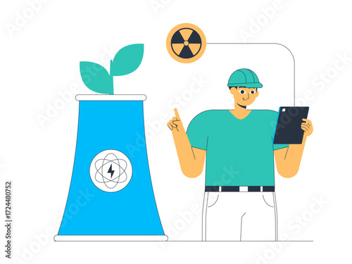 Nuclear technician operates nuclear power plant as an environmentally friendly energy reserve. Green energy vector illustration. Flat illustration.