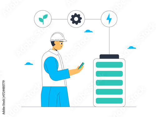 Electrician doing energy renewal to produce environmentally friendly energy as a backup. Green energy vector illustration. Flat illustration.