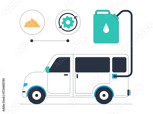 Processed organic waste can be used as fuel for environmentally friendly vehicles. Green energy vector illustration. Flat illustration.