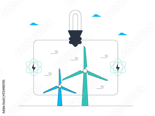 Windmills as power generators can be an alternative energy for daily needs. Green energy vector illustration. Flat illustration.