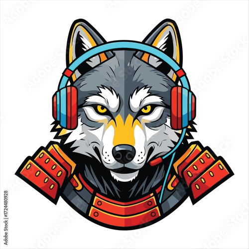 Samurai Wolf Gaming Mascot with Headphones - Vector Illustration