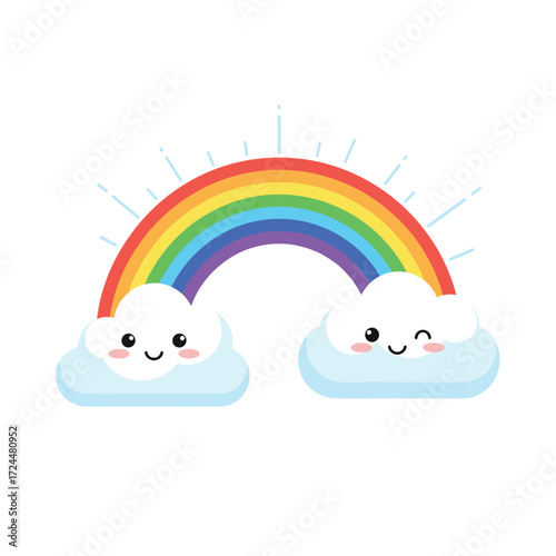 A cute cartoon rainbow arcs gracefully over fluffy smiling clouds on a bright day.