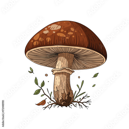 A detailed illustration of a mushroom with intricate gills and a textured cap surrounded by delicate foliage and twigs.
