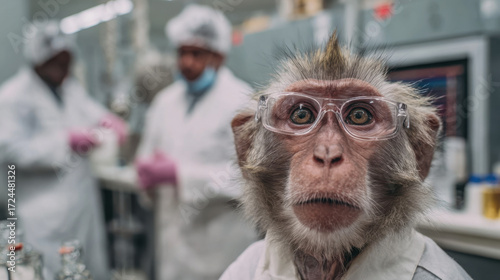 Curious monkey wearing glasses in laboratory setting, scientists in white coats conducting experiments and showcasing advanced re techniques in background.