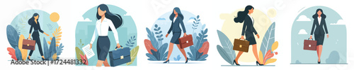 Elegant Businesswoman Walking with Briefcase Vector Illustration