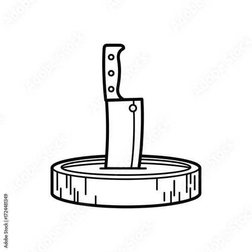 A sturdy cleaver knife stuck vertically into a round wooden block representing a knife holder.