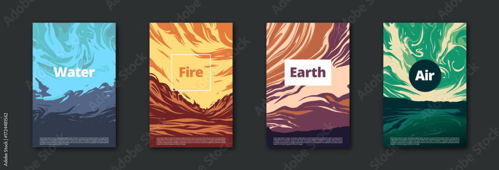 Fondo abstracto colorido. Ondas líquidas con degradado dinámico. Textura marmórea y fluida. Inspirado en los cuatro elementos: fuego, agua, tierra y aire. Conjunto de portadas modernas.