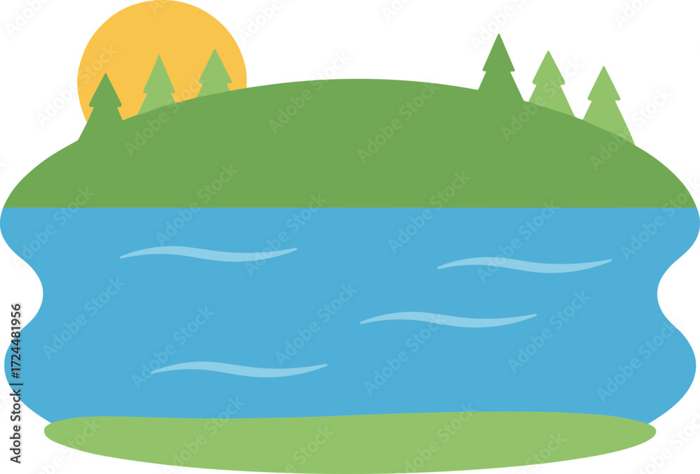 Obraz premium Simple Flat Style Illustration of a Lake with Trees Landscape