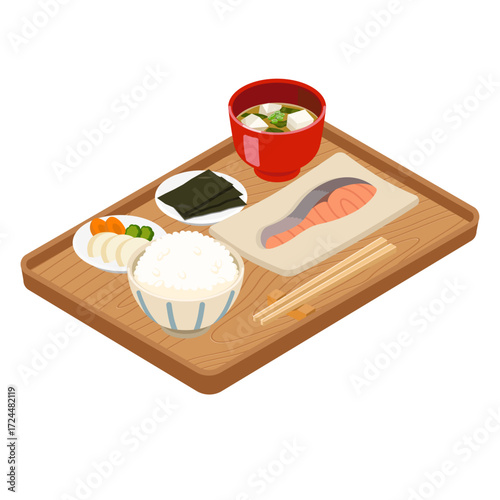 Traditional Japanese breakfast set on wooden tray - flat vector illustration, Japanese food icon