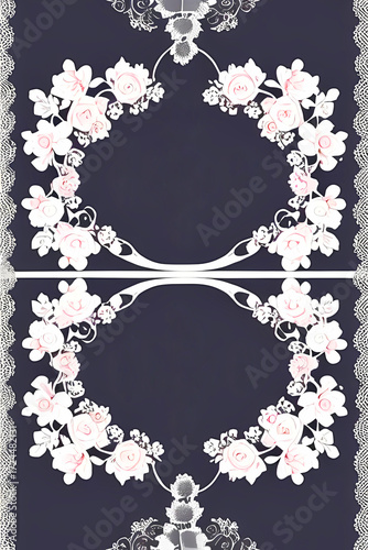 playing card / tarot card reverse side art, card back pattern or wedding stationery / card design - pale pink/white flowers on a dark slate blue/gray background with white lace doily design