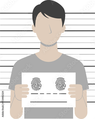 Flat Design Faceless Suspect Mugshot With Fingerprint Holding Card Illustration