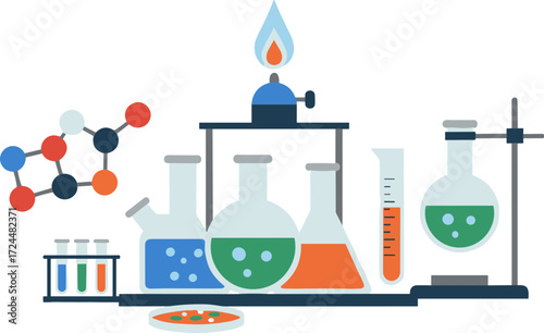 Flat Illustration of Chemistry Laboratory Experiment with Beakers and Molecular Structure