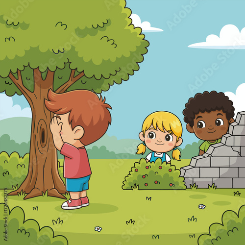 Happy childhood moments of children playing hide and seek together in the green park with laughter and joy.