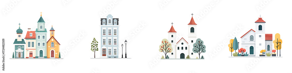 Fototapeta premium Cityscape Buildings Illustration: Colorful City and Churches Architecture