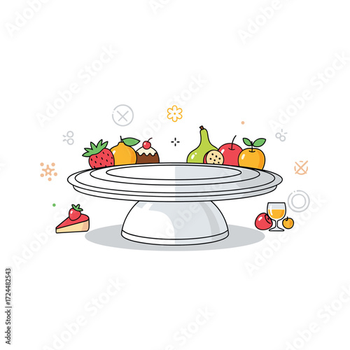 A delightful assortment of fresh fruits and a tempting cake are beautifully presented on a serving stand for a celebration.
