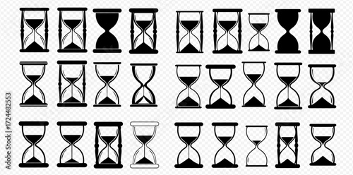A diverse collection of black and white hourglass icons, illustrating the passage of time and deadlines.