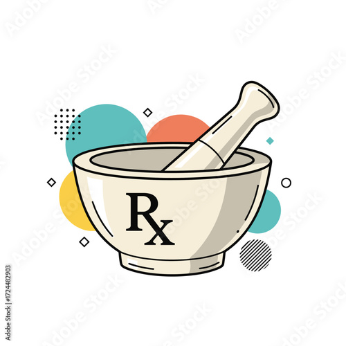 A mortar and pestle with the Rx symbol sits on a colorful background.