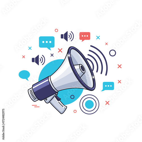 Illustration of a megaphone announcing news and information through social media platforms and speech bubbles.