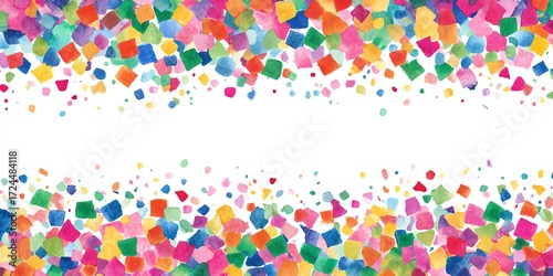 Vibrant watercolor pattern with colorful geometric shapes creates a lively and cheerful background for various design projects.