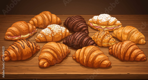 A tempting digital illustration showcasing a diverse selection of freshly baked artisanal croissants, from sweet to savory, arranged invitingly on a bakery counter. 