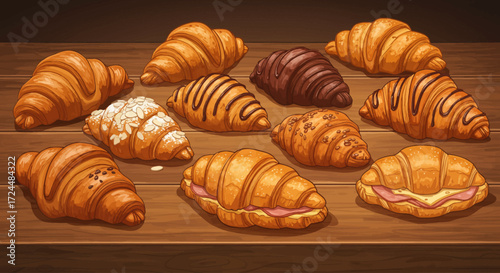 A tempting digital illustration showcasing a diverse selection of freshly baked artisanal croissants, from sweet to savory, arranged invitingly on a bakery counter. 