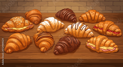 A tempting digital illustration showcasing a diverse selection of freshly baked artisanal croissants, from sweet to savory, arranged invitingly on a bakery counter. 