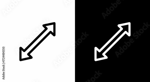 Arrow Icon: Dynamic vector of two arrows on opposing diagonal paths, one atop a stark black canvas and the other against pristine white, designed to represent diverse concepts