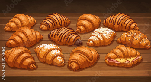 A tempting digital illustration showcasing a diverse selection of freshly baked artisanal croissants, from sweet to savory, arranged invitingly on a bakery counter. 