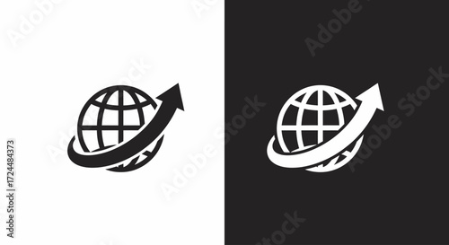 Global Expansion Icon: An abstract representation of the world globe intertwined with an upward-pointing arrow. Signifying growth, development, and global reach.